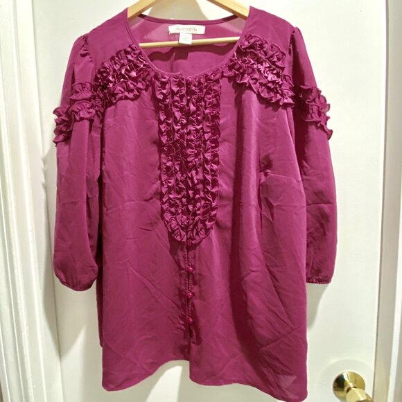 (7) Raspberry Ruffles Puff Sl. Valentines Boho Office Barbiecore Top Blouse 20W - Picture 2 of 7